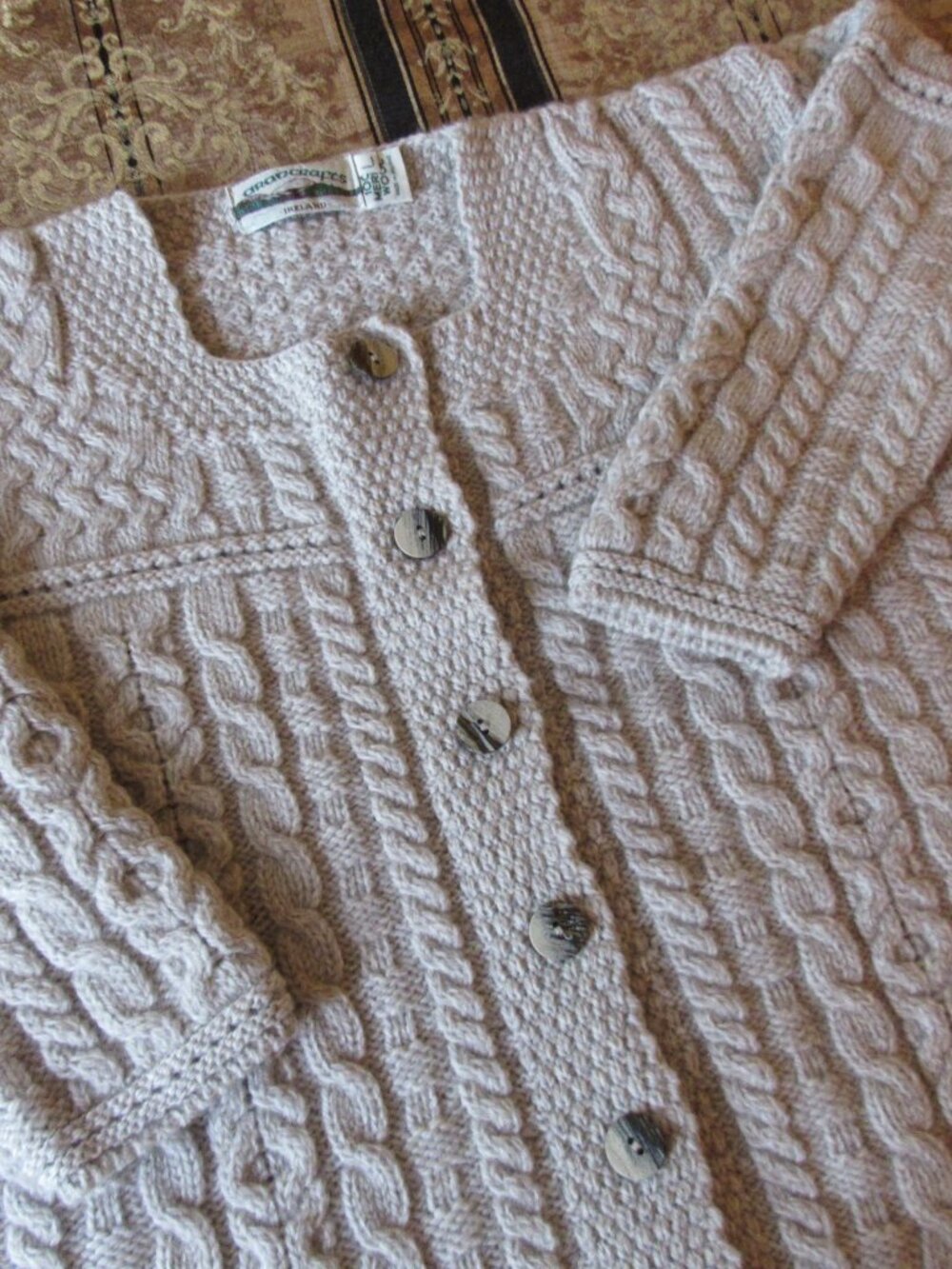 ARAN CRAFTS Ireland 100% Merino Wool Chunky Cable Knit Cardigan Sweater L Gray
